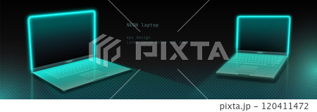 Modern laptops outlined with turquoise neon glow Modern laptops outlined with turquoise neon glow 120411472