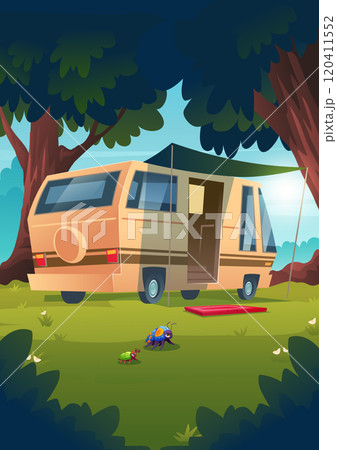 Camper van parked on grass in forest Camper van parked on grass in forest 120411552