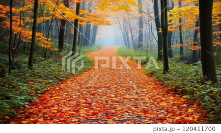 Peaceful Walk in a Misty Autumn Forest 120411700