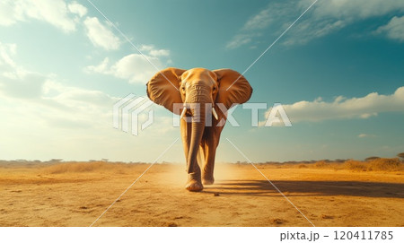 Powerful Elephant Moving Through Vast African Landscape 120411785