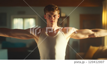 Humorous Pose of a Young Man Flexing Muscles 120412007