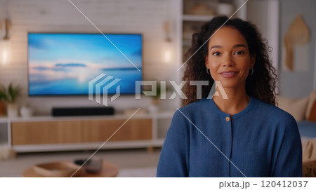 Friendly Woman Presenting in Stylish Home Interior 120412037