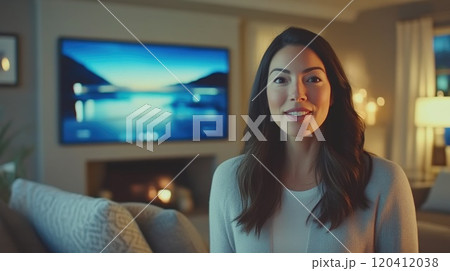 Relaxed Living Room Scene with Woman Speaking to Camera 120412038
