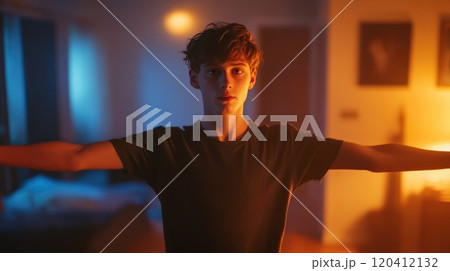 Confident Young Man in Humorous Strong Pose 120412132