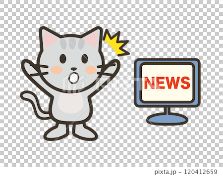 Illustration of a cute cat surprised by the TV news 120412659