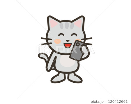 楽しそうに笑顔でスマホを見るかわいいねこちゃんのイラスト 120412661