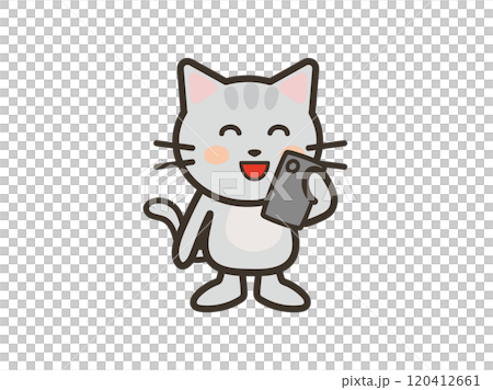 Illustration of a cute cat looking at a smartphone with a happy smile 120412661