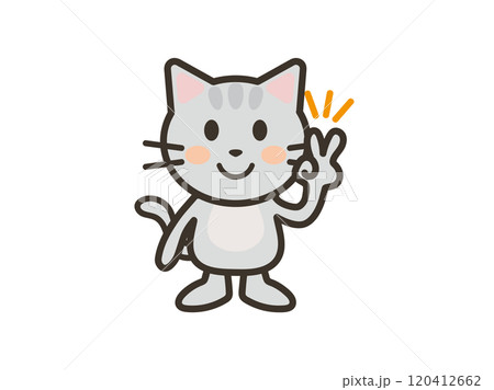 笑顔でピースをするかわいいねこちゃんのイラスト 120412662