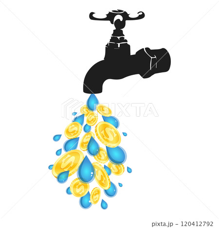 Drops of water and gold coins flow from a water tap 120412792