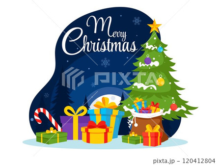 Merry Christmas Celebration Vector Illustration with Santa Claus, Bubble Ball, Gift Box, Surprise Gifts, Trees, and Snow in a Flat Cartoon Background 120412804