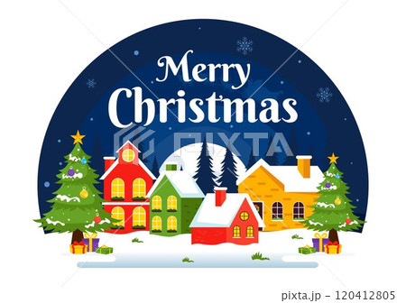 Merry Christmas Celebration Vector Illustration with Santa Claus, Bubble Ball, Gift Box, Surprise Gifts, Trees, and Snow in a Flat Cartoon Background 120412805