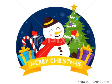 Merry Christmas Celebration Vector Illustration with Santa Claus, Bubble Ball, Gift Box, Surprise Gifts, Trees, and Snow in a Flat Cartoon Background Merry Christmas Celebration Vector Illustration with Santa Claus, Bubble Ball, Gift Box, Surprise Gifts, Trees, and Snow in a Flat Cartoon Background 120412806