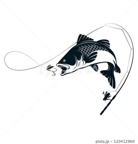 Fish jumping for bait and fishing rod silhouette Fish jumping for bait and fishing rod silhouette 120412960