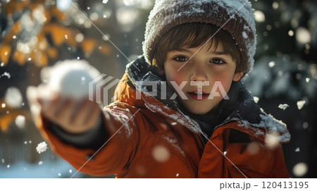 Hand Holding Snowball with Snow-Covered Ground 120413195