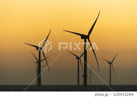 Sunset view of the Offshore wind power systems off the western coast of Taiwan. 120413264