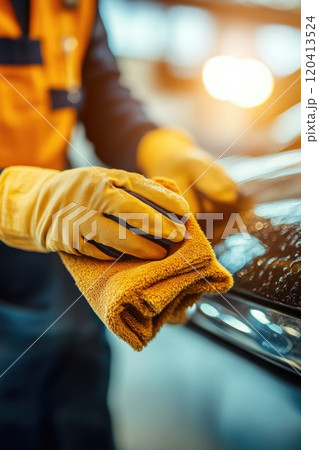 Modern Auto Technician Buffing Car with Cloth Modern Auto Technician Buffing Car with Cloth 120413524