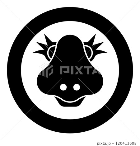 Head of cute female dinosaur baby character icon in circle round black color vector illustration image solid outline style Head of cute female dinosaur baby character icon in circle round black color vector illustration image solid outline style 120413608