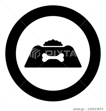 Dog bowl with food icon in circle round black color vector illustration image solid outline style Dog bowl with food icon in circle round black color vector illustration image solid outline style 120413653