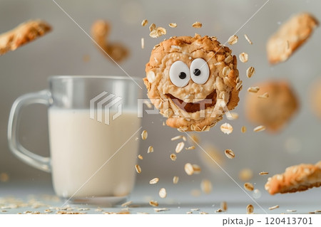 happy oatmeal cookie with smile and eyes falling into glass of milk, healthy and wholesome breakfast 120413701