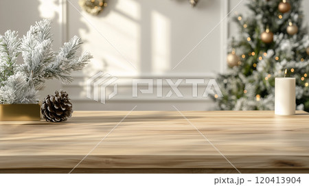 Empty wooden desk with copy space decorated with a candle and pinecone in a cozy room. Suit for Christmas and New Year seasonal. White and gold color tone. AI generated. 120413904