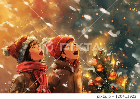 A group of children singing Christmas carols near the Christmas tree on a snowy evening, illustration 120413922