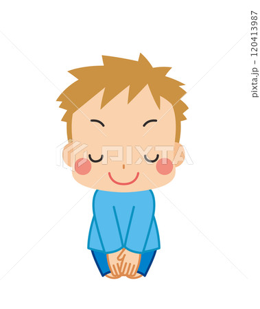 正座してお辞儀をしている可愛い小さな男の子のイラスト　白背景　ベクター　クリップアート 120413987