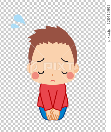 Illustration of a cute little boy apologizing while sitting upright, full body, white background, vector 120413995