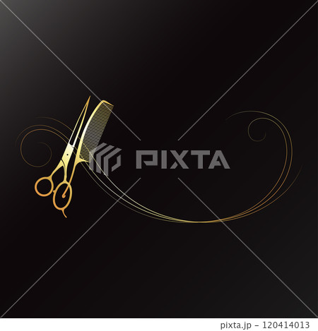 Hair curls and scissors comb gold sign frame elegant design Hair curls and scissors comb gold sign frame elegant design 120414013