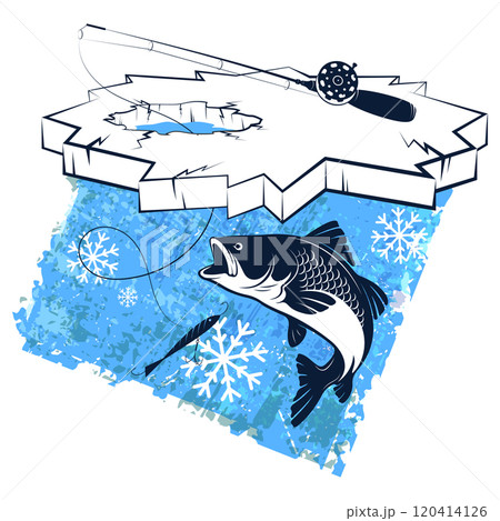 Ice floe with an ice hole, winter fishing rod and fish Ice floe with an ice hole, winter fishing rod and fish 120414126