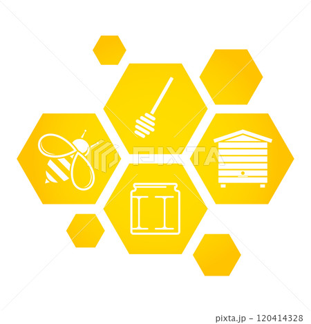 Honeycomb symbol with bee hive jar of honey 120414328