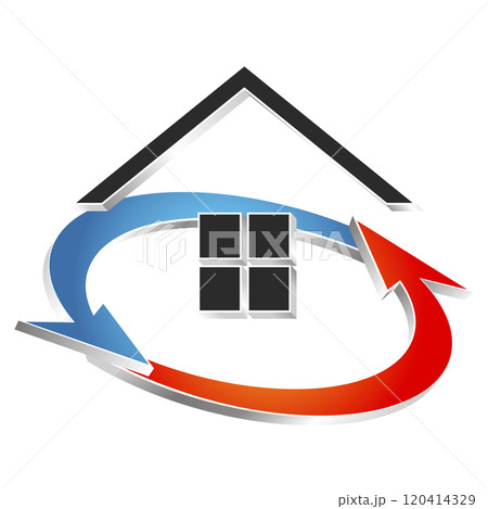 House and red blue arrows, air conditioner symbol House and red blue arrows, air conditioner symbol 120414329