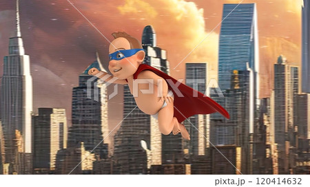 Fun 3D baby superhero flying over a city Fun 3D baby superhero flying over a city 120414632