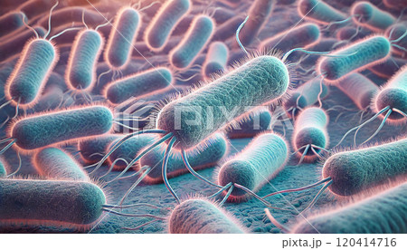Bacteria with flagella under microscope, generative ai illustration 120414716