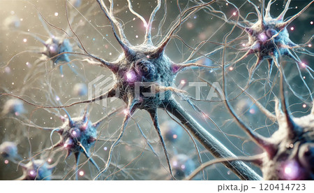 Generative AI illustration of neurons affected by dementia, showing destruction, synaptic loss, and brain function impairment. 120414723