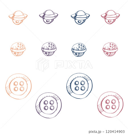 Plastic wooden flat round buttons fasteners. Hand drawn ink vector illustration sewing craft supplies. Multicolor set of objects isolated on white. Design atelier, tailor, hobby shop, fashion boutique Plastic wooden flat round buttons fasteners. Hand drawn ink vector illustration sewing craft supplies. Multicolor set of objects isolated on white. Design atelier, tailor, hobby shop, fashion boutique 120414903