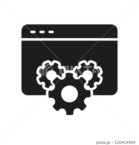 Web Browser with Gear for Online Configuration and Settings Silhouette Icon. Internet Browser and Cog Sign for Website Maintenance and Support. Isolated Vector Illustration Web Browser with Gear for Online Configuration and Settings Silhouette Icon. Internet Browser and Cog Sign for Website Maintenance and Support. Isolated Vector Illustration 120414904