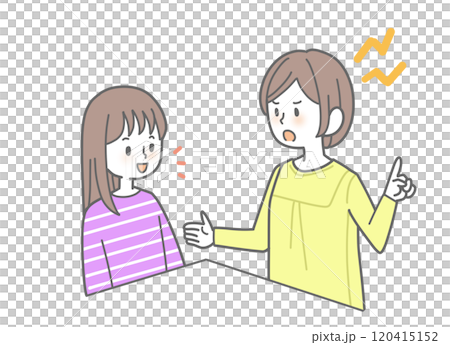 An irritated mother and a child explaining with a smile 120415152
