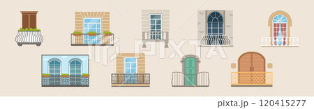 Balcony with Windows Front View and Exterior Vector Set 120415277