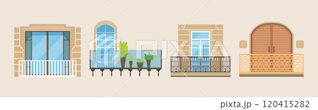 Balcony with Windows Front View and Exterior Vector Set 120415282