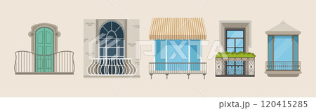 Balcony with Windows Front View and Exterior Vector Set Balcony with Windows Front View and Exterior Vector Set 120415285