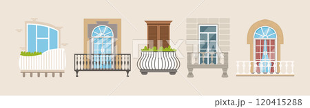 Balcony with Windows Front View and Exterior Vector Set 120415288