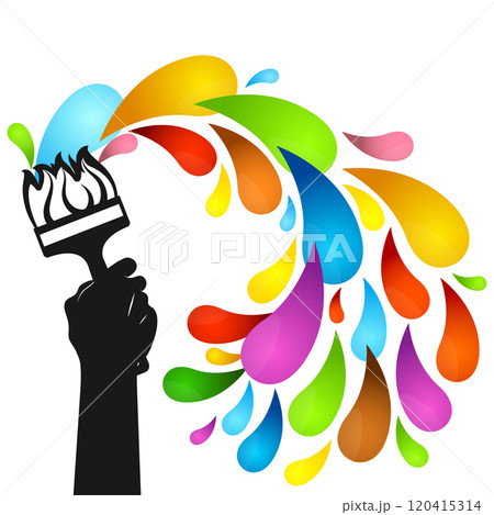 Paint brush in hand and a drop of colored paint splashes, a symbol for painting 120415314