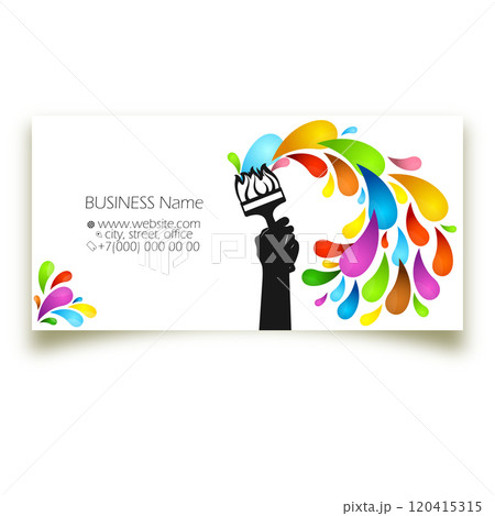 Paint brush in hand and a drop of splashes of colored paint. Business cardconcept for a painter 120415315