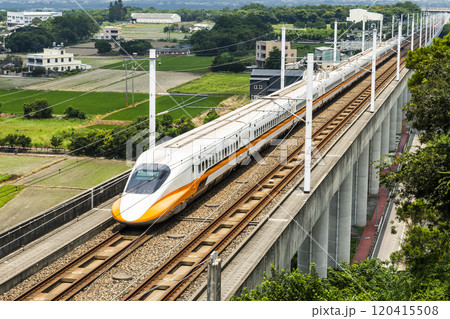 Overlooking view of the Taiwan High Speed Rail trains passing the Waipu of Taichung in Taiwan, It is the only high-speed railway in Taiwan. 120415508