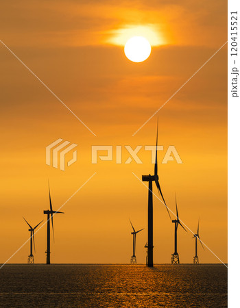 Sunset view of the Offshore wind power systems off the western coast of Taiwan. 120415521