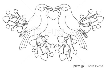 Line art shrike bird couple on branch and hearts Line art shrike bird couple on branch and hearts 120415784
