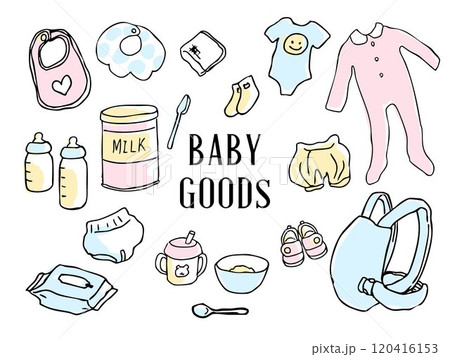 手書きのかわいいベビーグッズイラストセット 手書きのかわいいベビーグッズイラストセット 120416153