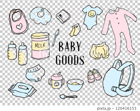 手書きのかわいいベビーグッズイラストセット 手書きのかわいいベビーグッズイラストセット 120416153