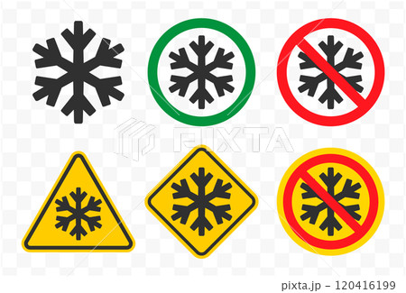 Do not freeze icon symbol set. No freezing logo sign. Snowflake ice, prohibition, prohibited, not allowed, forbid. Vector illustration. Isolated on white backround. Do not freeze icon symbol set. No freezing logo sign. Snowflake ice, prohibition, prohibited, not allowed, forbid. Vector illustration. Isolated on white backround. 120416199