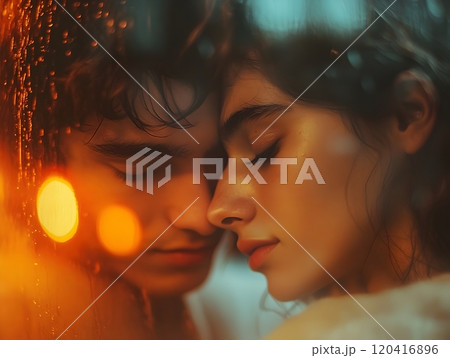 Intimate Embrace of Affectionate Lovers in Softly Blurred Ambient Setting 120416896